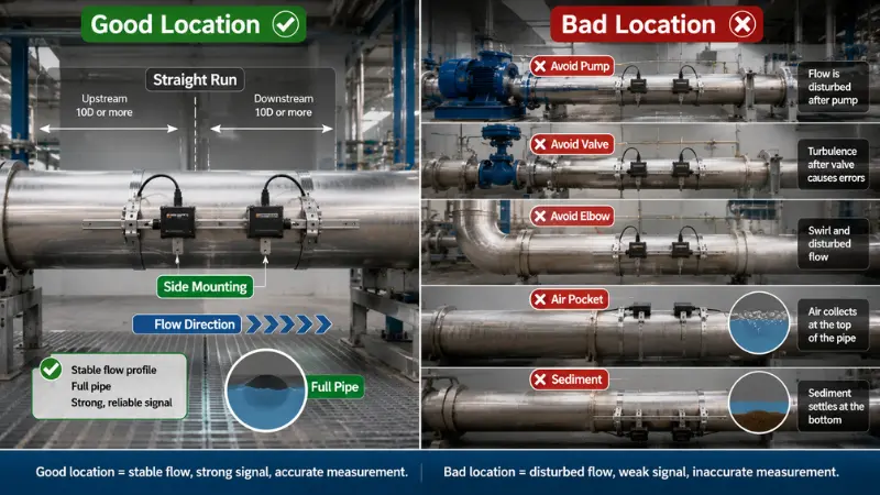Correct and incorrect installation locations for clamp-on ultrasonic flow meter transducers on industrial pipes Correct and incorrect installation locations for clamp-on ultrasonic flow meter transducers on industrial pipes